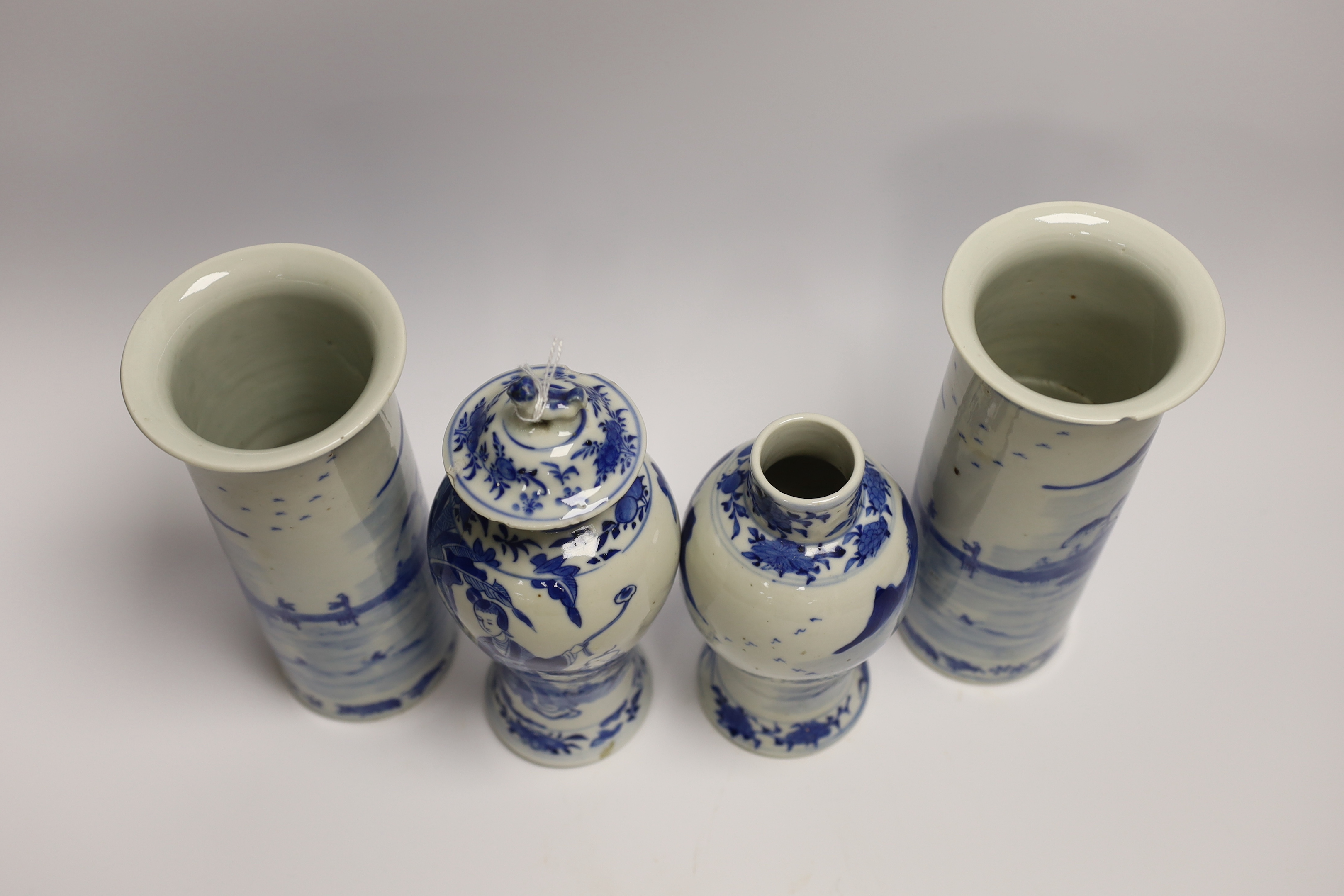 A pair of early 20th century Chinese blue and white sleeve vases and two others, one cover, tallest 21cm